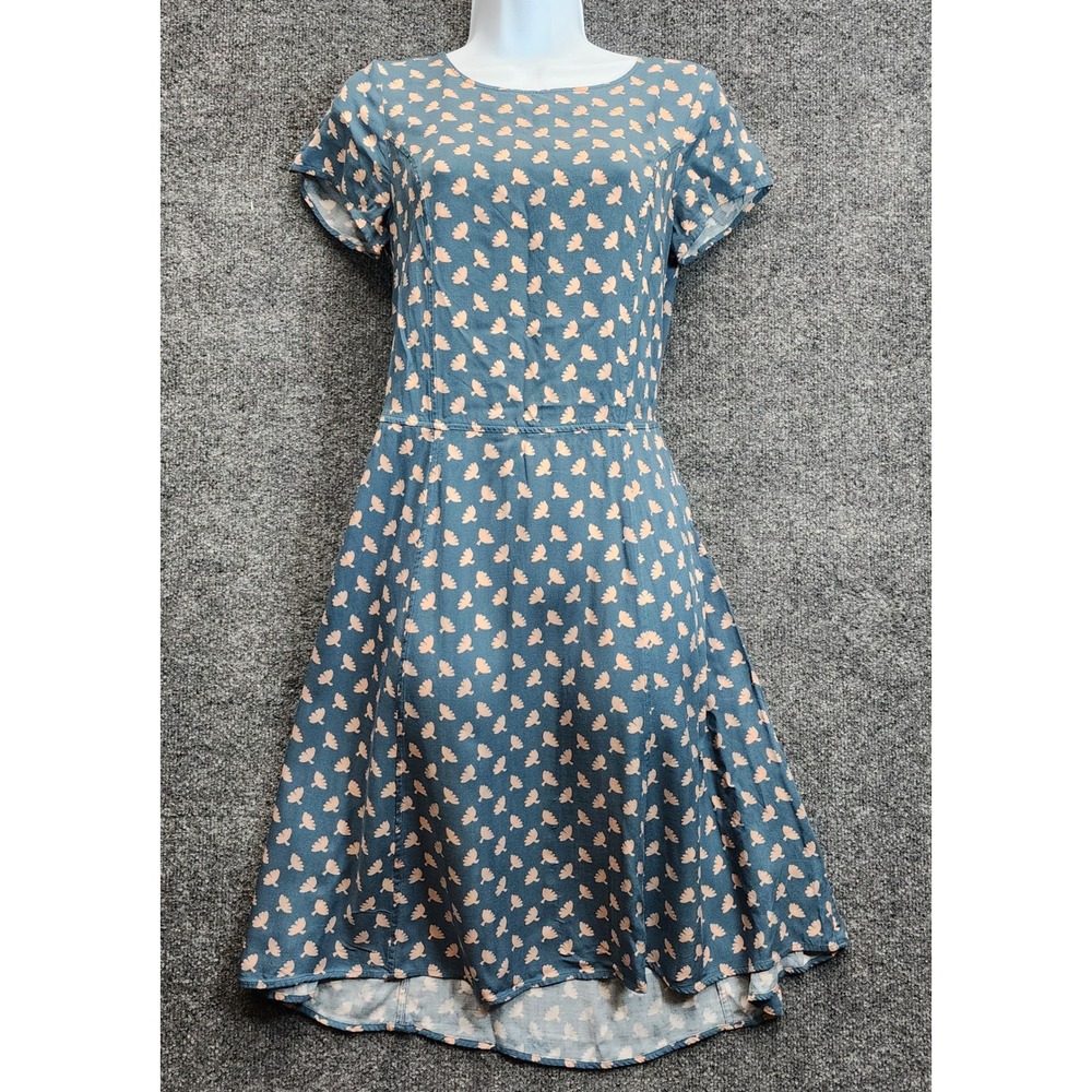 Boden Women Fit & Flare Mini Dress Blue Pink Leaf Print Cottagecore Boho Size 4L